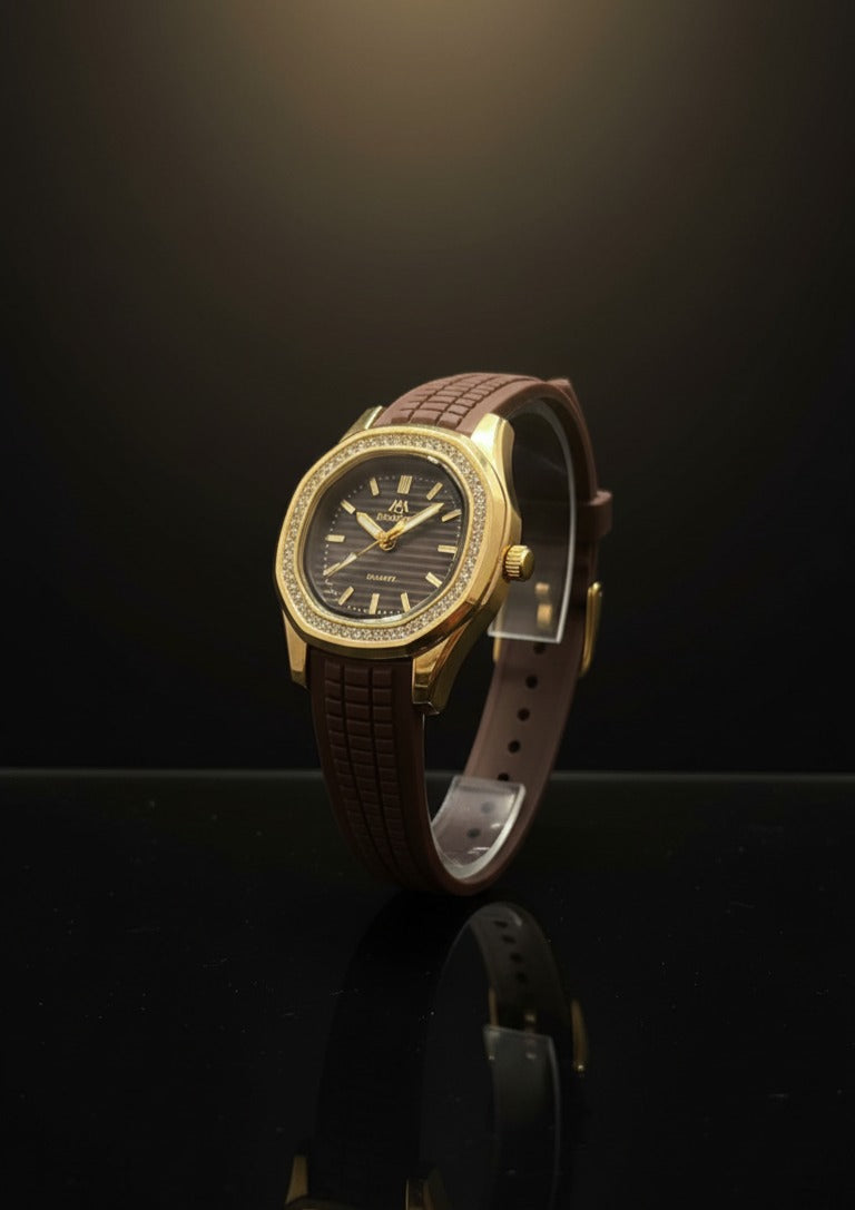 Ladies Casual-Luxury Gold Watch | Brown Strap Diamond Look Timepiece