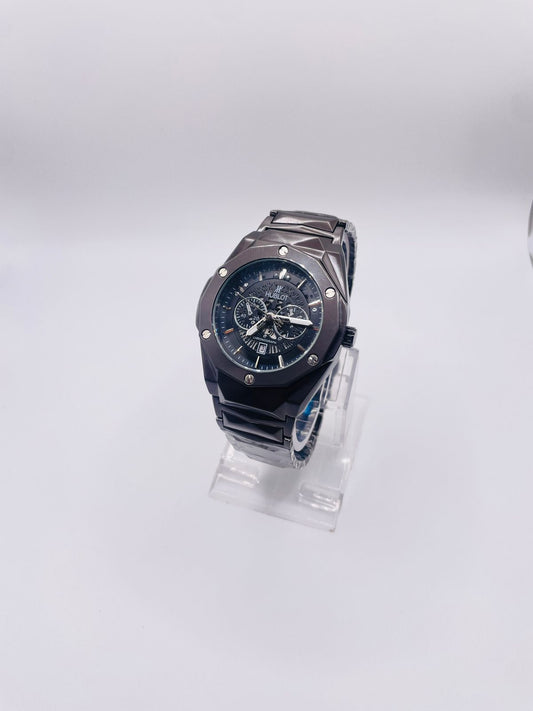 All Black Skeleton Chronograph Men’s Watch – Luxury Metal Strap | Sporty & Bold Design