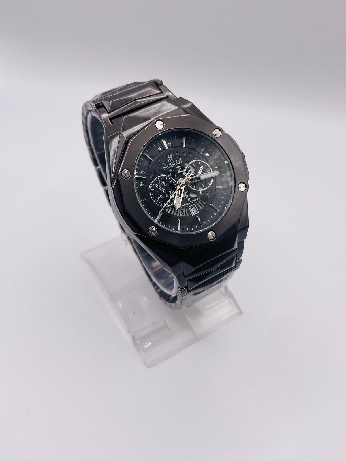 All Black Skeleton Chronograph Men’s Watch – Luxury Metal Strap | Sporty & Bold Design