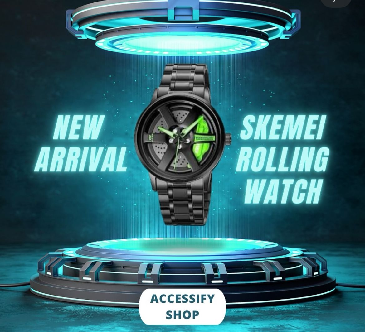 Promotional image of a Skemei rolling watch with futuristic design elements.