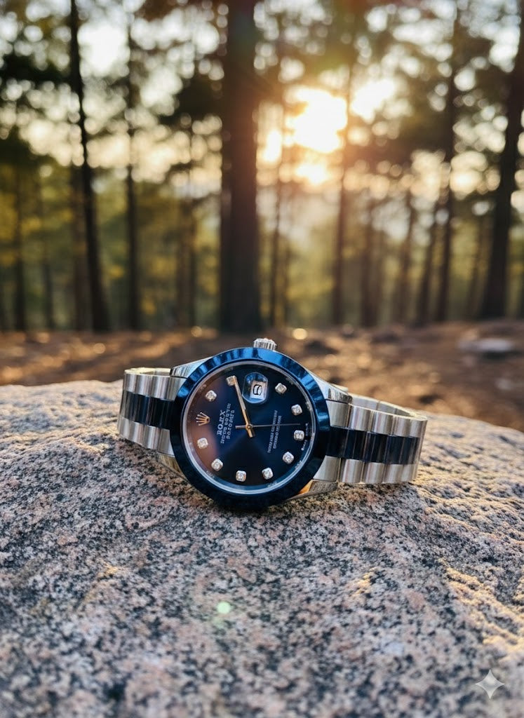 Black watch on a rock with a forest background